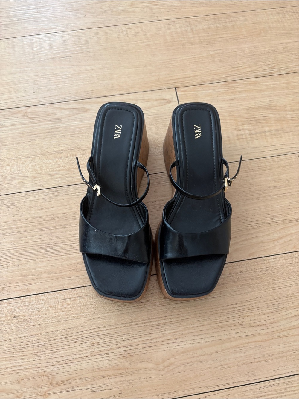 ZARA Black Leather Platform Clog Sandals with Brown Wood Wedge